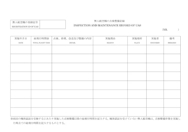 国交省航空局の無人航空機の飛行日誌の取扱要領 に示されている、（様式３）点検整備記録