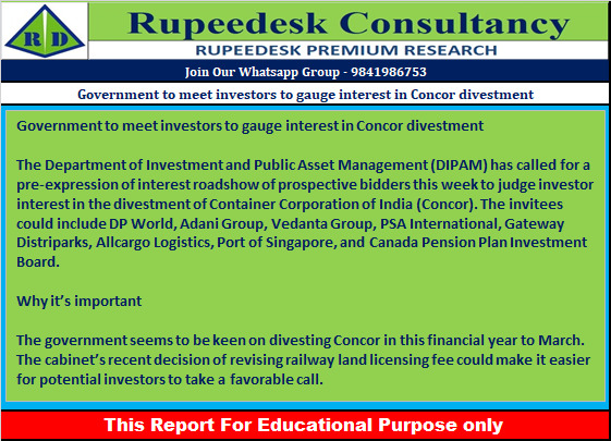 Government to meet investors to gauge interest in Concor divestment - Rupeedesk Report - 17.10.2022