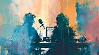 Image of 2 people with a microphone and computer created by Sheila Webber using Midjourney AI