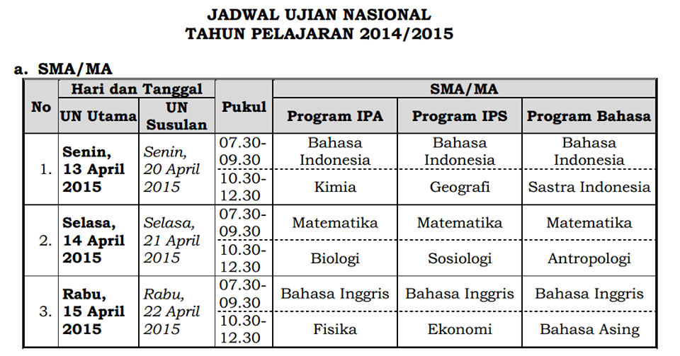 Jadwal Ujian Nasional [UN] 2016 SMA/MA/SMK/MAK/SMALB/SMP,MTs,dan SMPLB ...