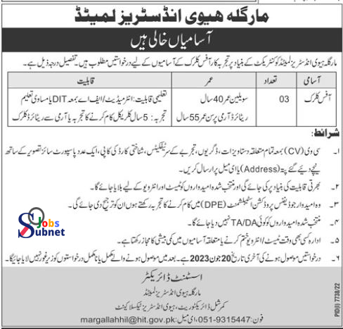 Islamabad Jobs 2023 - Office Clerk Jobs In Margalla Heavy Industries