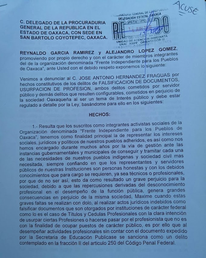 Denuncian a funcionario de Murat ante Fiscalía General de la República 