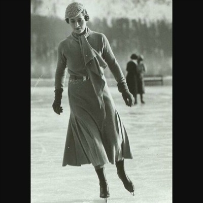 Young woman ice skating in 1933 Madeleine de Rauch costume
