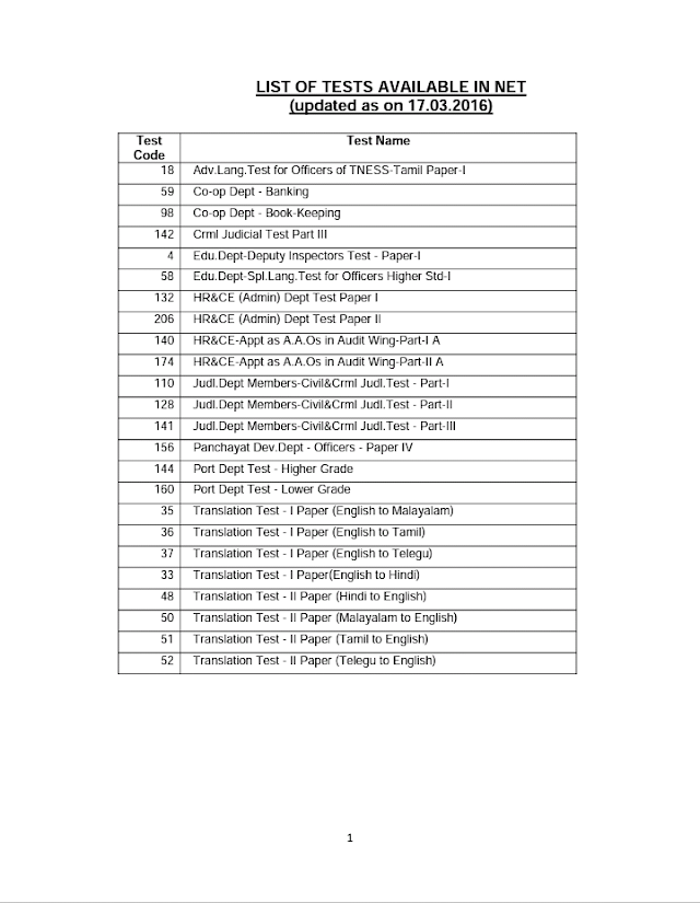 TNPSC - Results of Departmental Examinations December 2015 List of Tests Published 