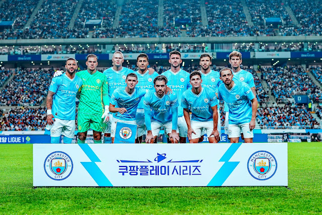 MANCHESTER CITY F. C. Temporada 2023-24. Kyle Walker, Ederson, Erling Haaland, Rodri, Aymeric Laporte, Rúben Dias, John Stones. Phil Foden, Jack Grealish, Julián Álvarez, Bernado Silva. MANCHESTER CITY F. C. 1 🆚 CLUB ATLÉTICO DE MADRID 2 Domingo 30/07/2023, 13:45 horas. Partido amistoso. Seúl, Corea del Sur, estadio Mundialista. ⚽0-1: 66’, Memphis Depay. ⚽0-2: 74’, Yannick Carrasco. ⚽1-2: 85’, Rúben Dias.