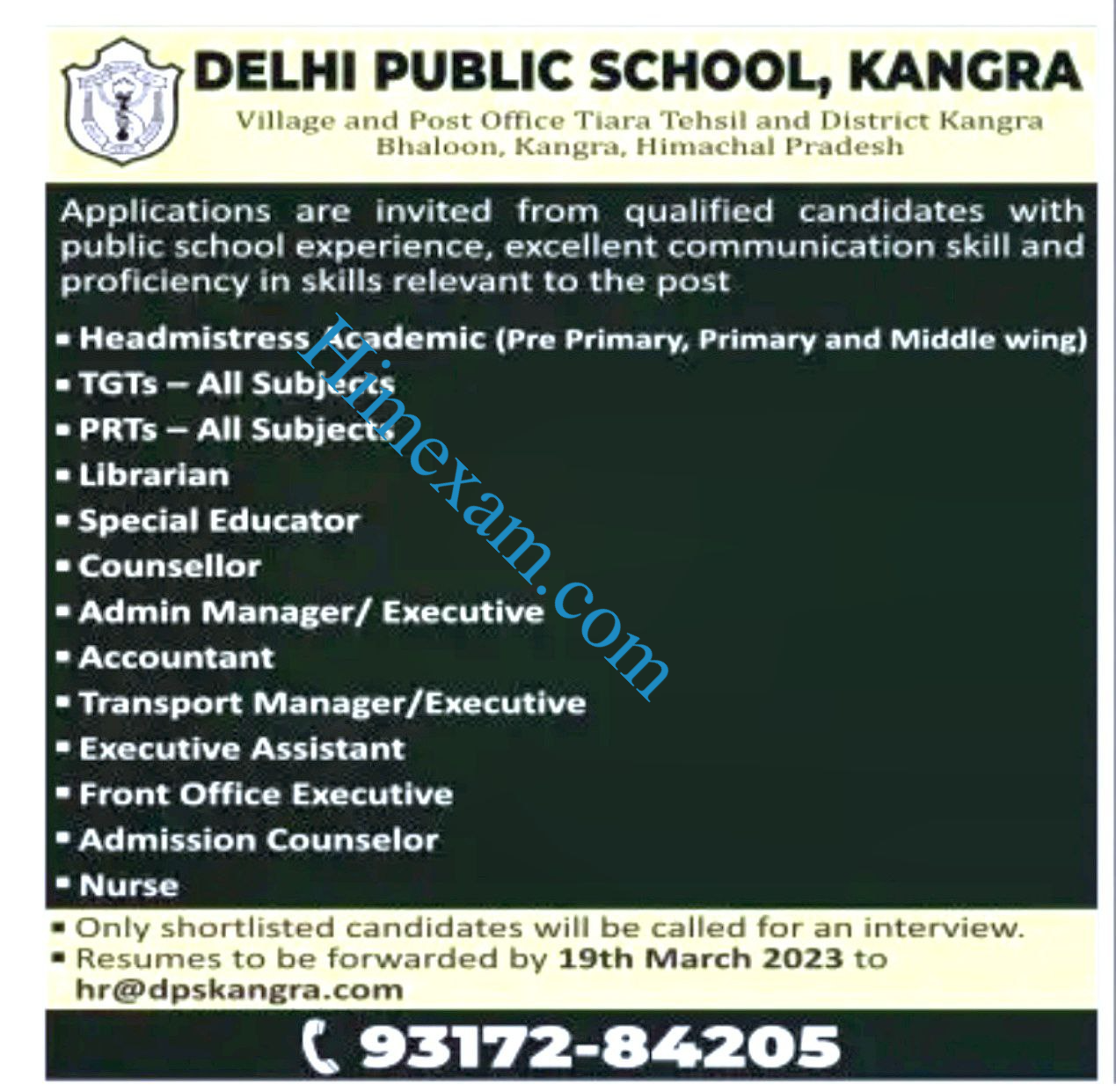 Delhi Public School Kangra Teaching & Non Teaching Staff Recruitment 2023