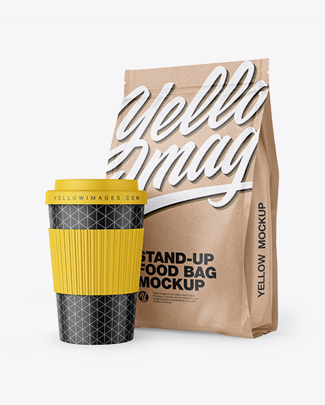 Download Kraft Stand-Up Bag with Coffee Cup Mockup