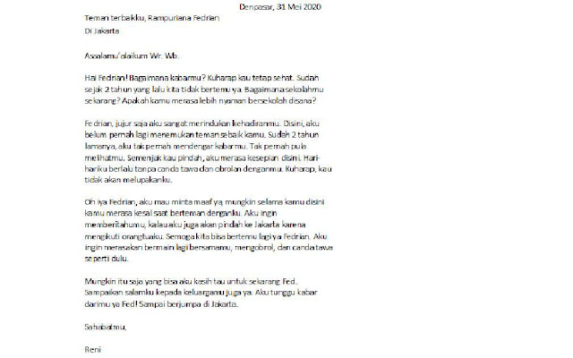 Contoh Surat Pribadi untuk Teman Sekelas (via: brainly.co.id)