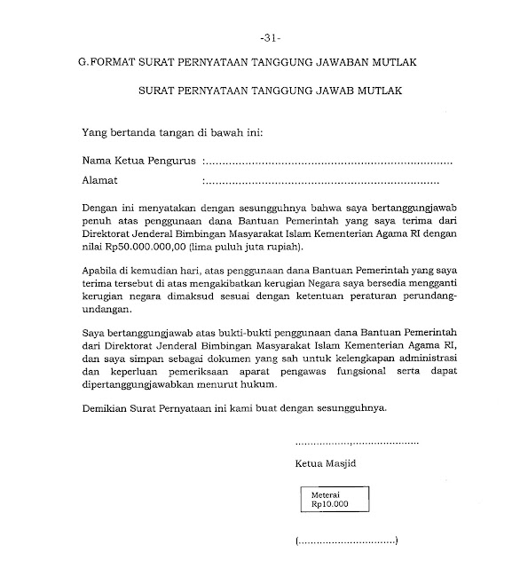 Format Surat Pernyataan Tanggung Jawab Mutlak Permohonan Bantuan Dana Masjid/Mushalla