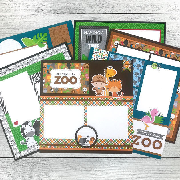 12x12 Trip To The Zoo 6-Page Scrapbook Layouts with cute animals