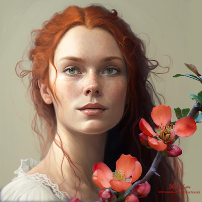 Red-Haired young woman and Quince flowers