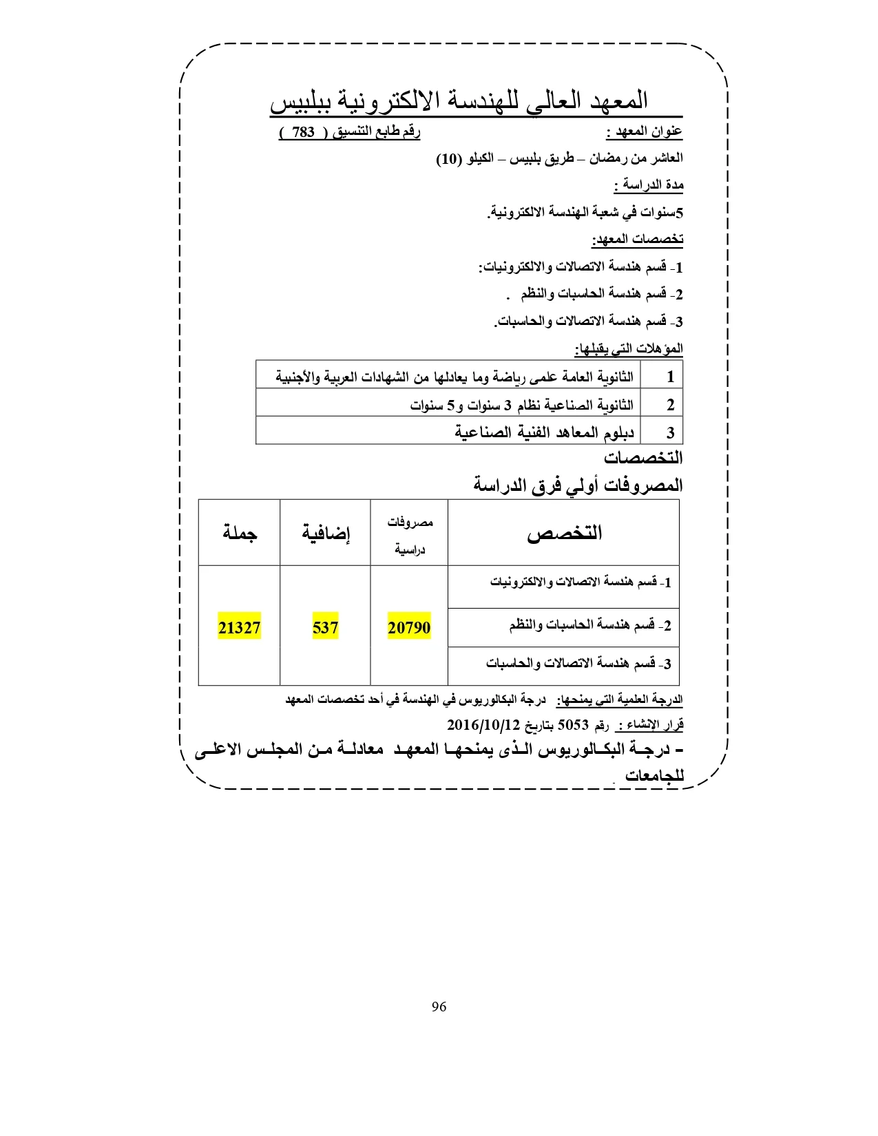 المعهد العالي للهندسة الالكترونية ببلبيس «مصروفات ومعلومات»