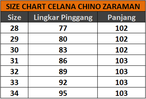 Size Chart Celana Chino