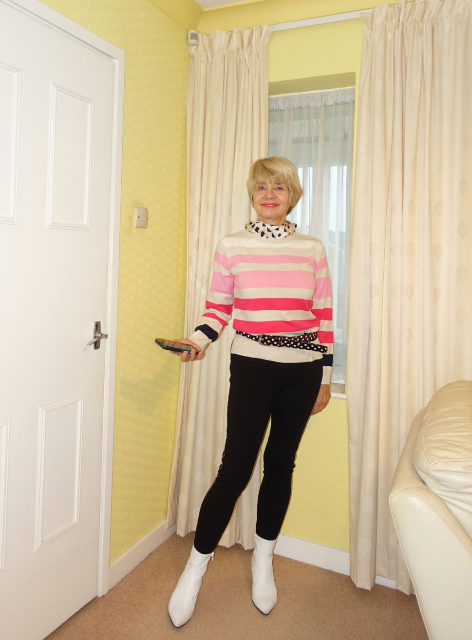 Look good oer 60 in a soft striped jumper, embellished leggings and ankle boots. Gail Hanlon from Is This Mutton in stripes and dots for the November Style Not Age Challenge