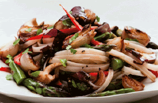 Noodle, shallot and shiitake salad