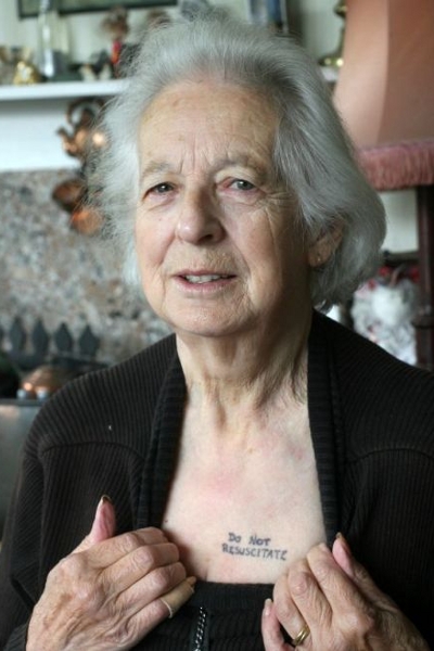 Joy Tomkins with 'Do Not RESUSCITATE' tattoo