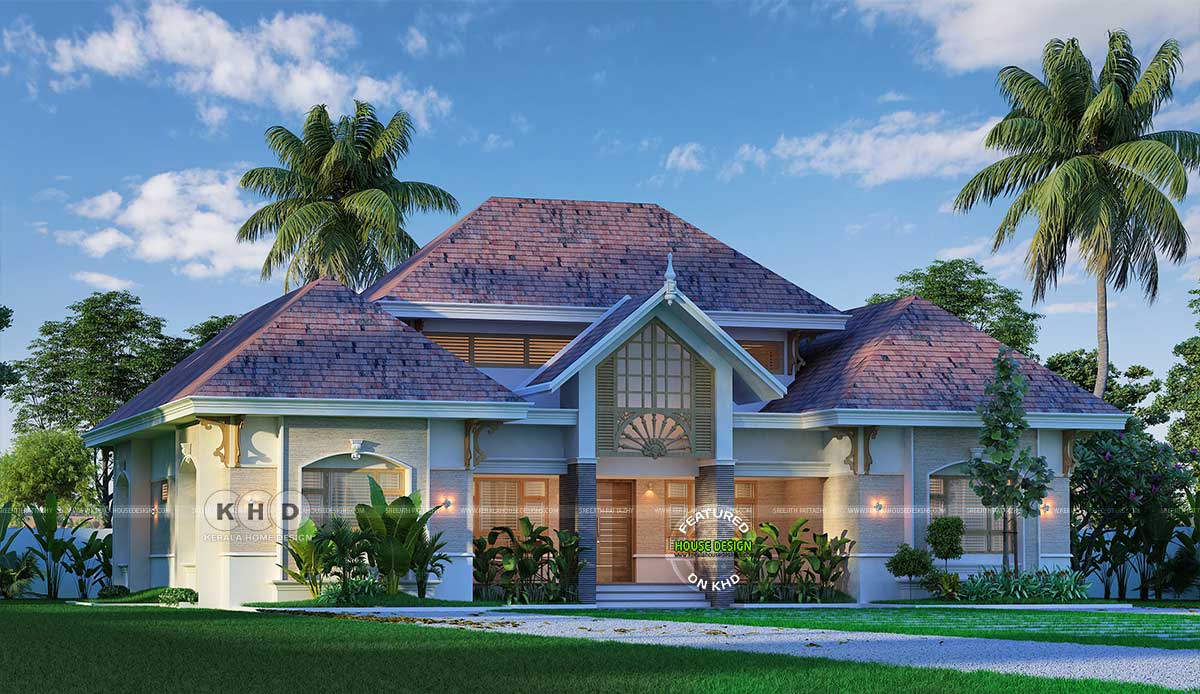 Exterior view of the 1900 sq.ft. Elegant Kerala Residence with Sloping Roof and Beige Texture Tiles