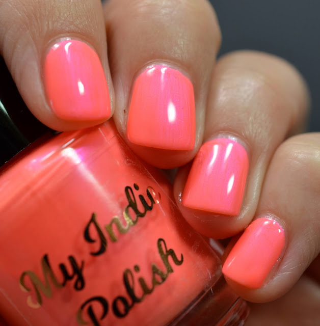 hot pink neon coral nail polish with shimmer