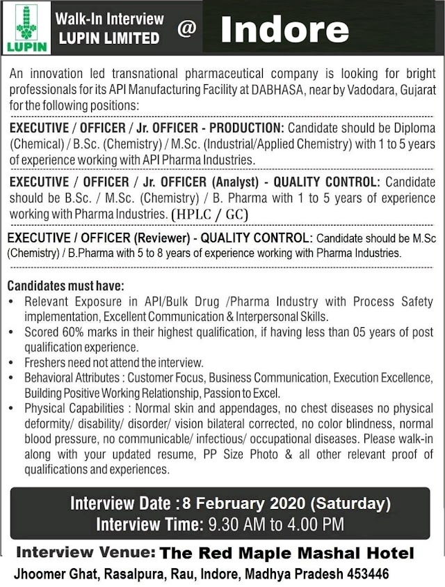 Lupin | Walk-in for Production-QC on 8 Feb 2020 | Pharma Jobs in Indore