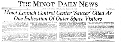 Article, presented by www.theufochronicles.com entitled, Minot Launch Control Center 'Saucer' Cited As One Indication of Outer Space Visitors by the The Minot Daily News published on 12-6-1966