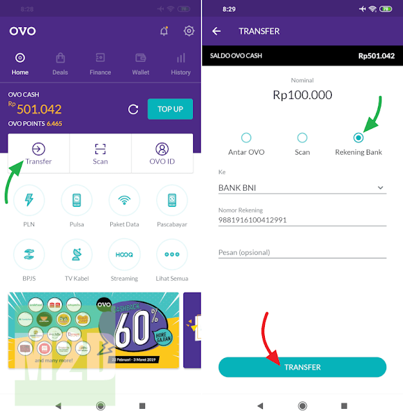 Aplikasi OVO transfer ke rekening BNi virtual account