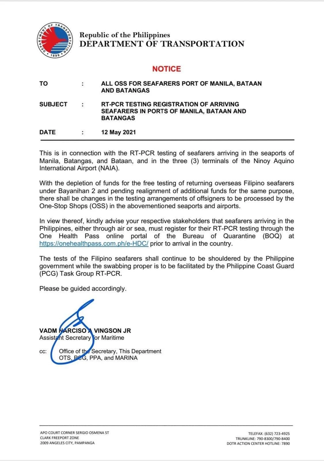 Department of Transportation Notice re RT-PCR Registration of Arriving Seafarers in Ports of Manila, Bataan and Batangas dated 12 May 2021