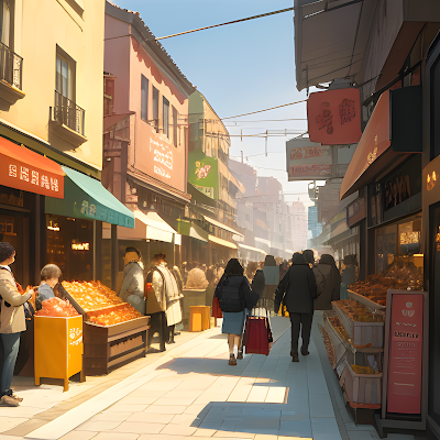 crowded people are shopping on the street, highly detailed, bright tone