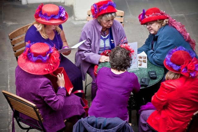 Red dress purple hat