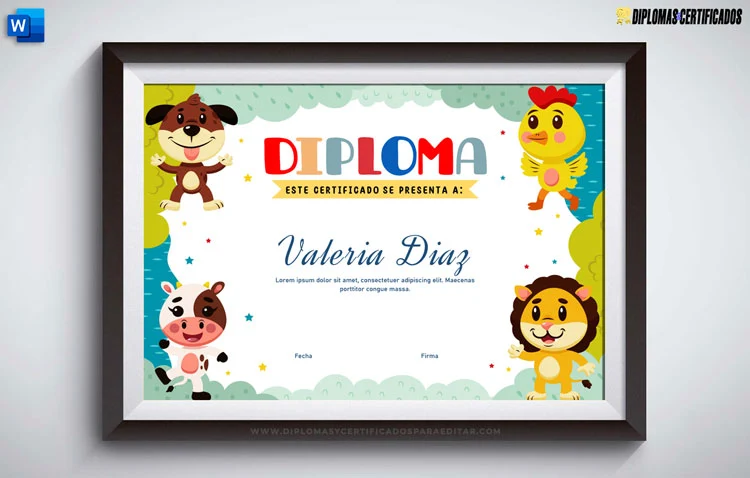 Diploma de reconocimiento para niños con dibujos de animales