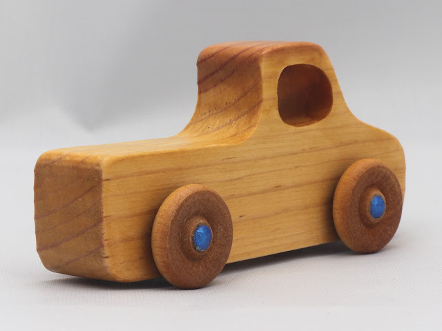Wood Toy Truck, Handmade Pickup from the Play Pal Series Finished with Amber Shellac and Metallic Blue Acrylic Paint