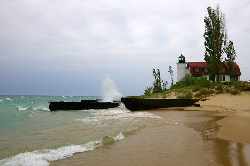 Point Betsie lighthouse standing on dune of the northeast shore of Lake Michigan, at the southern entrance to the Manitou Passage, north of Frankfort in Benzie County in Northern Michigan..