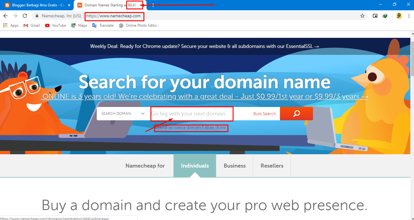 Domain .Com  Murah Dari Namecheap Cuma 0.88 Dollars Saja