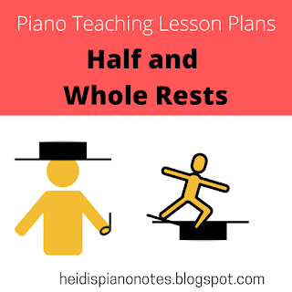 Piano Teaching Lesson Plans, Half and Whole Rests, Image of a person with half rest hat on his head, image of person falling into a hole whole rest