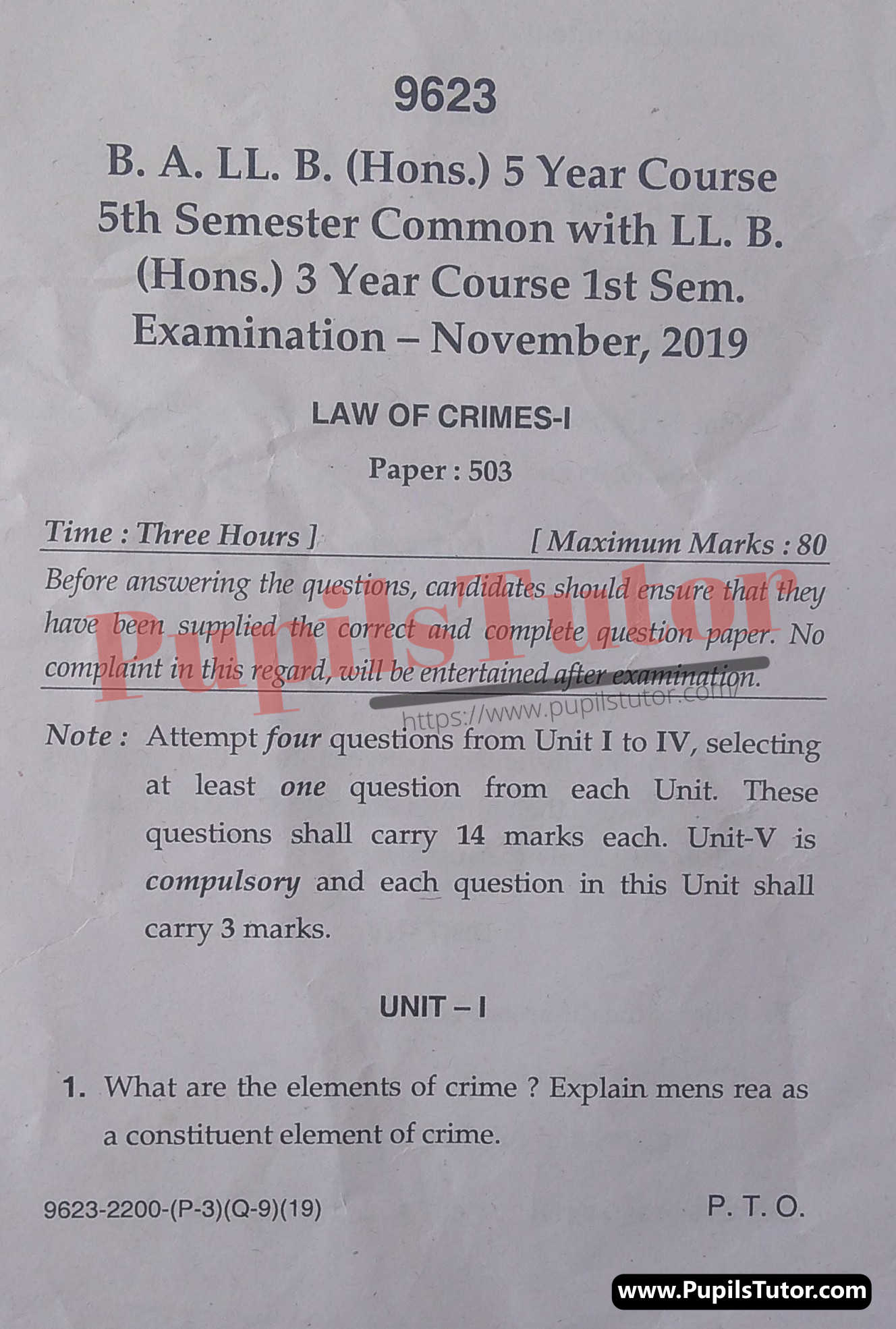 MDU (Maharshi Dayanand University, Rohtak Haryana) LLB Regular Exam (Hons.) First Semester Previous Year Law Of Crimes Question Paper For November, 2019 Exam (Question Paper Page 1) - pupilstutor.com
