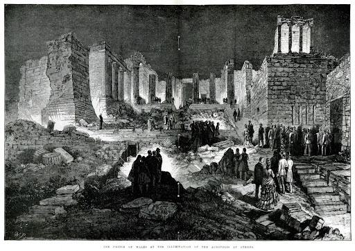 Φωταγώγηση της Ακρόπολης με πυροτεχνικά φώτα με την ευκαιρία της επίσκεψης στην Ελλάδα του διαδόχου του βρετανικού θρόνου, το 1877.