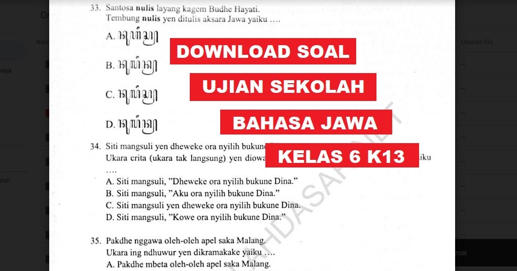  Soal  Ujian Sekolah Mata Pelajaran Bahasa  Jawa  Kelas  6  K 13 