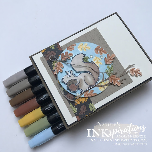 By Angie McKenzie for Stamping INKspirations Blog Hop; Click READ or VISIT to go to my blog for details!  Featuring the Nuts About Squirrels Photopolymer Stamp Set, Intricate Leaves Dies, Pattern Play Host Designer Series Paper, and Timber 3D Embossing Folder by Stampin' Up!® to create a harvest time themed card.