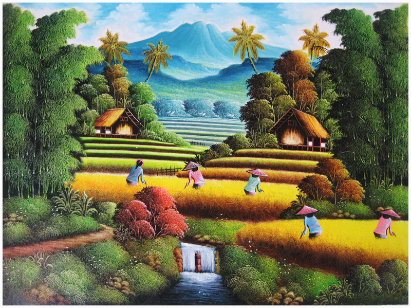 Gambar lukisan pemandangan sawah padi