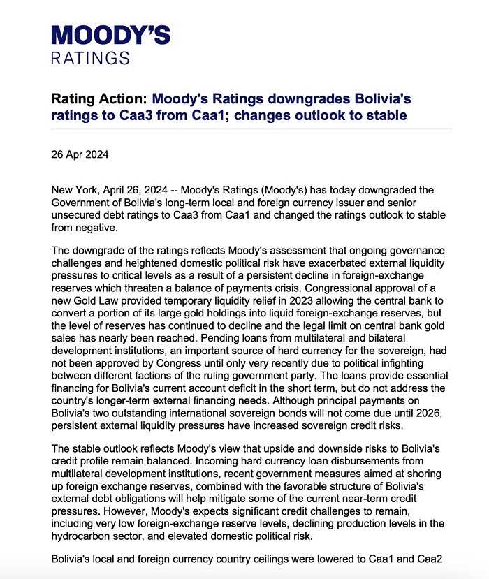 Moody's Ratings baja la calificación de Bolivia a Caa3 desde Caa1