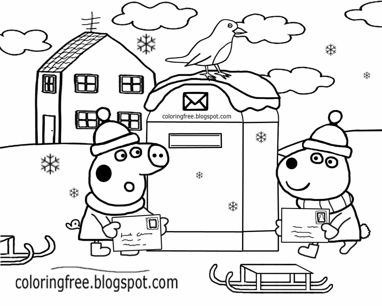 Easy preschool activity cute red robin bird winter scene post box Christmas Peppa pig coloring pages