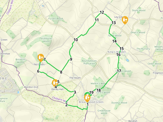 Map for Walk 152: Breachwood Green North Loop Created on Map Hub by Hertfordshire Walker Elements © Thunderforest © OpenStreetMap contributors There is an interactive map below the directions