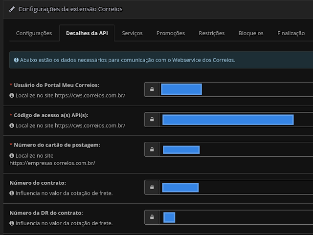 Tela do módulo de frete do Correios OpenCart