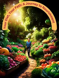 A photorealistic image of a person walking along a path through a lush garden filled with fruits, vegetables, and herbs, symbolizing the journey of finding the right diet for personal nourishment and well-being.