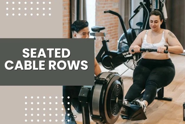 Woman performing seated cable row for close grip lat pulldown exercise with fitness coach