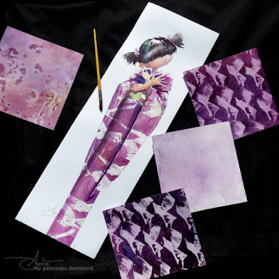 photo aquarelle de petite japonaise aux cygnes mauves agnès au pinceau dansant, kimono  violet