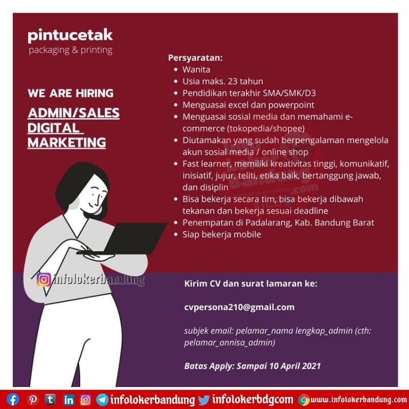 Lowongan Kerja Admin/Sales Digital Marketing CV. Persona (Pintucetak) Bandung Maret 2021