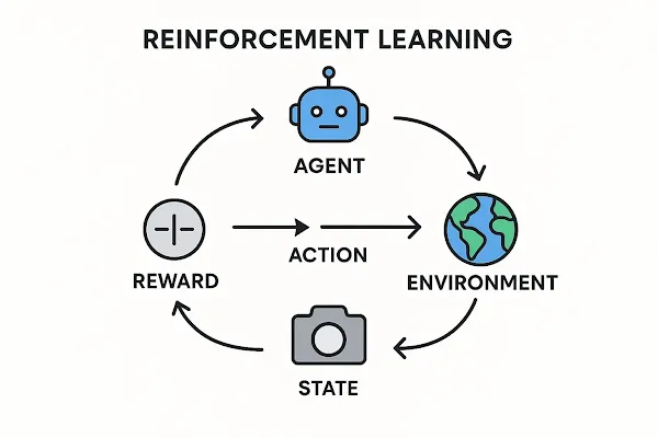 A diagram illustrating the core loop of Reinforcement Learning with Agent, Environment, State, Action, and Reward.