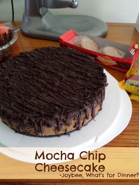 Mocha Chip Cheesecake:  A rich chocolate cheesecake with coffee, mini chocolate chips, and a dark chocolate drizzle.  A perfect birthday cake for my husband.