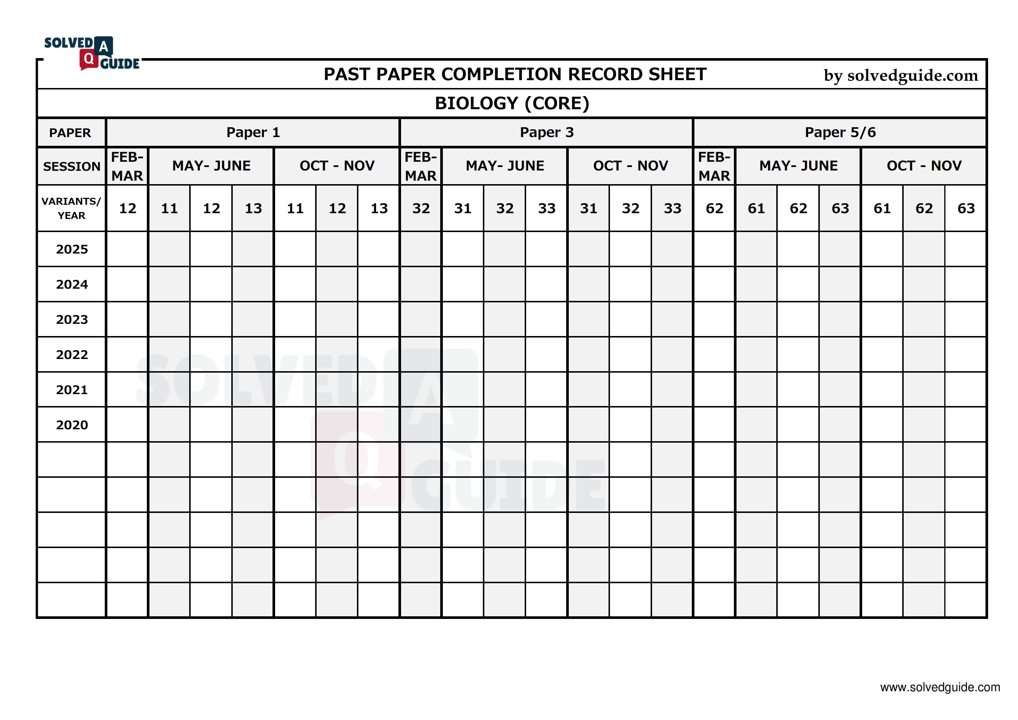 IGCSE Biology Core Paper Completion Record Sheet
