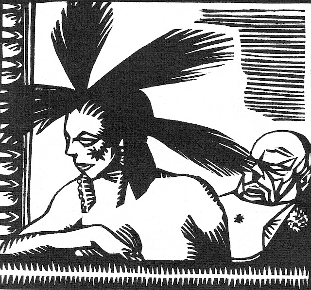 a René Georges Hermann-Paul wood cut, a woman's feathers poke a man's eye in the theater balcony